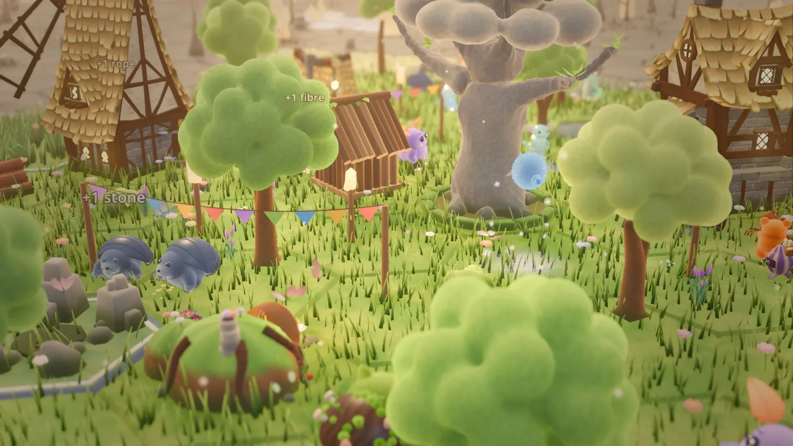 Close to the ground in the village: trees, a burrow, bunting and a rootbeast